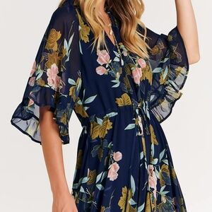 Floral Navy Maxi Dress with Ruffle Sleeves XL NWT